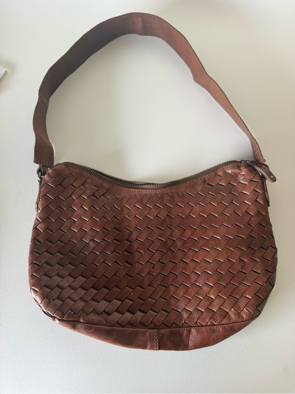 Hobo/Crescent Intrecciato Woven Leather Shoulder Bag in Brown
